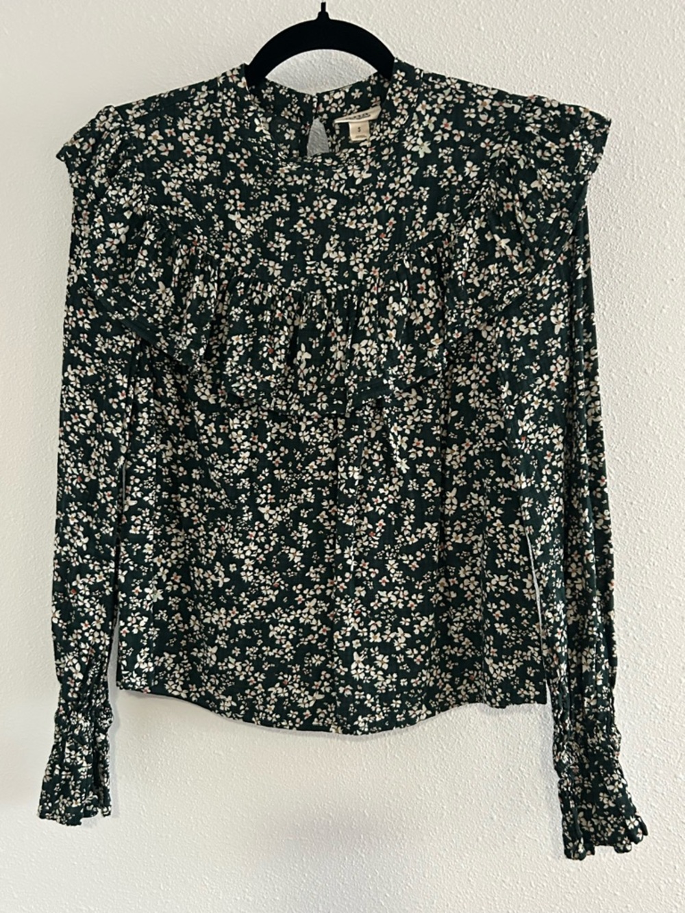 a.n.a Dark Green Floral Ruffle-Yoke Blouse